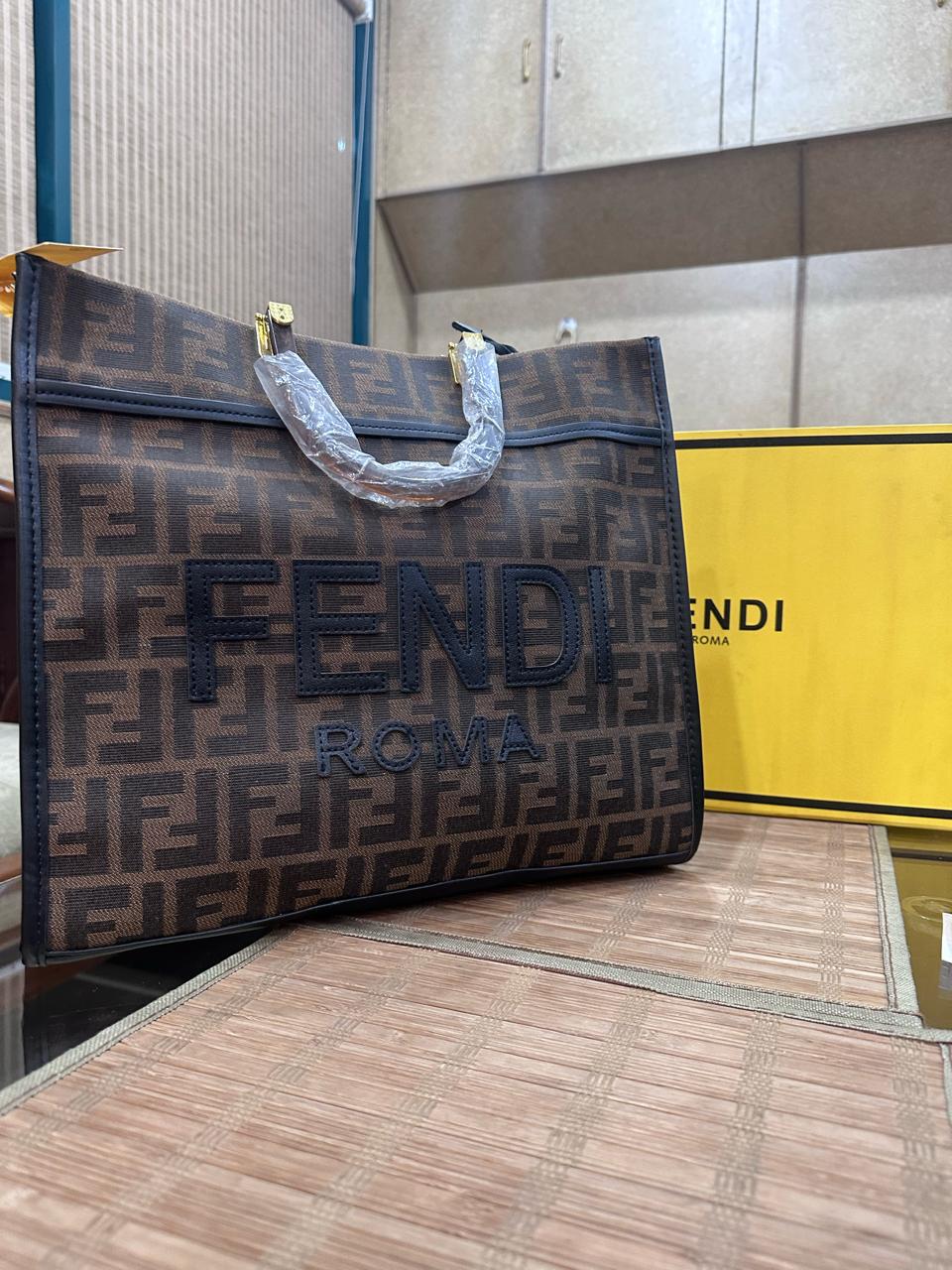 Fendi (With Box) FF Monogram Roma Tote Bag (Brown/Tan)